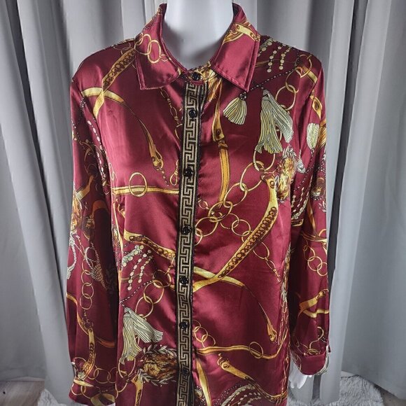 Boohoo Red Gold Chain Tassel Print Satin Button Down Blouse Womens Size 12 - Picture 2 of 12